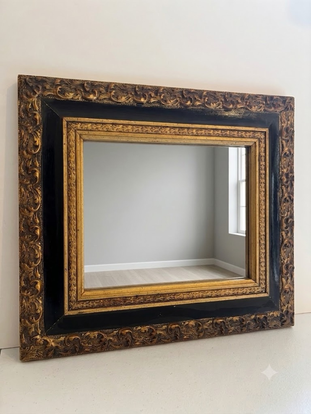 Vintage Ornate Gold Black Frame Wall Mirror Baroque Rococo Hollywood Regency